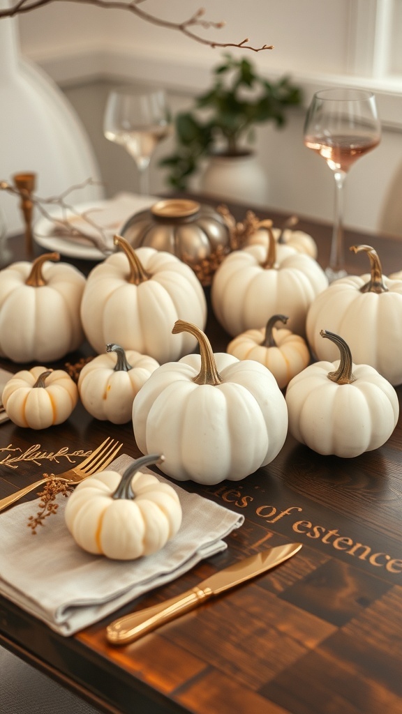 A tablescape featuring various sizes of white pumpkins, elegant gold cutlery, and soft linens on a wooden table.