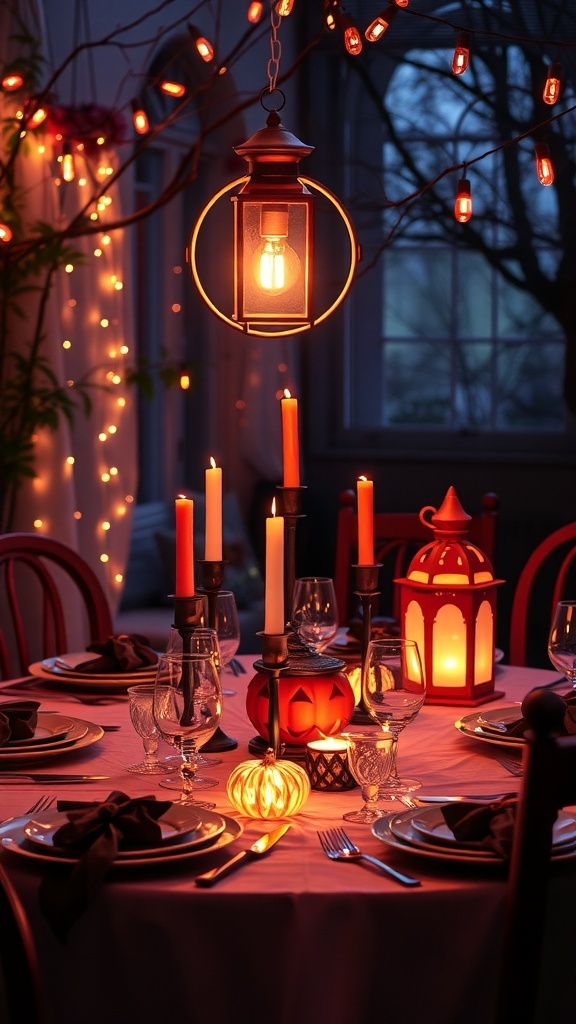 A Halloween tablescape featuring fairy lights and lanterns.