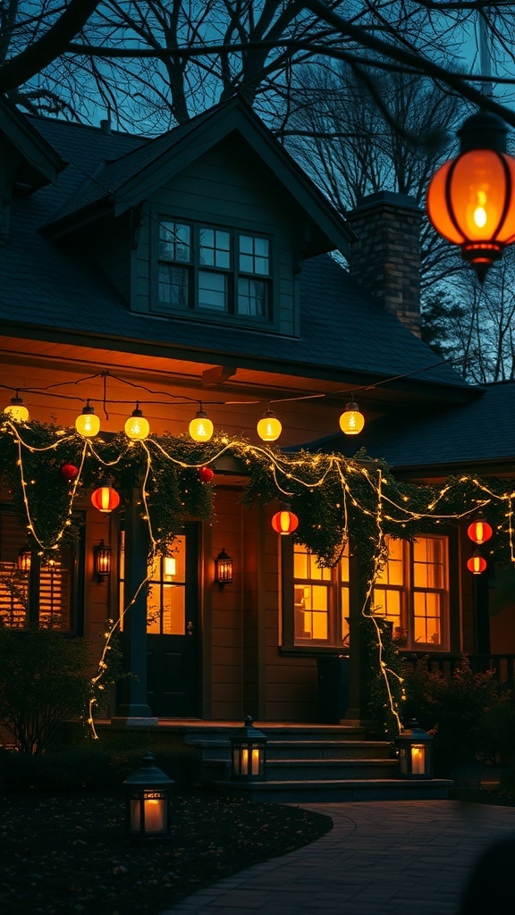 A cozy house exterior with warm outdoor lighting, featuring string lights and lanterns.