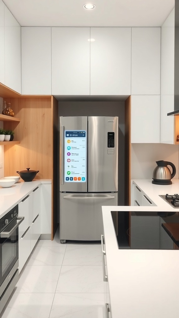 A modern kitchen featuring energy-efficient appliances, including a sleek refrigerator and stove.