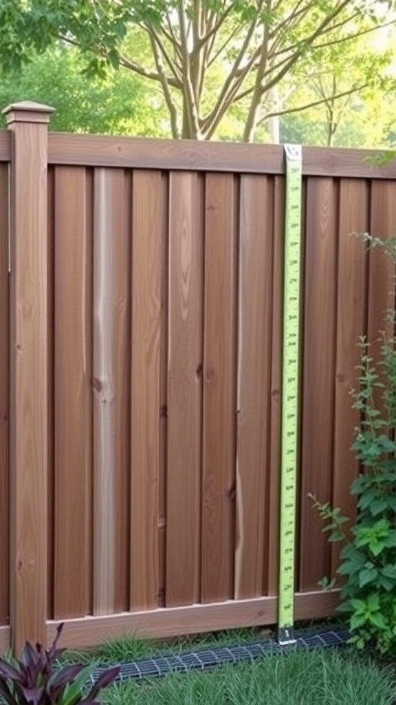 A wood privacy fence with a measuring tape indicating its height.