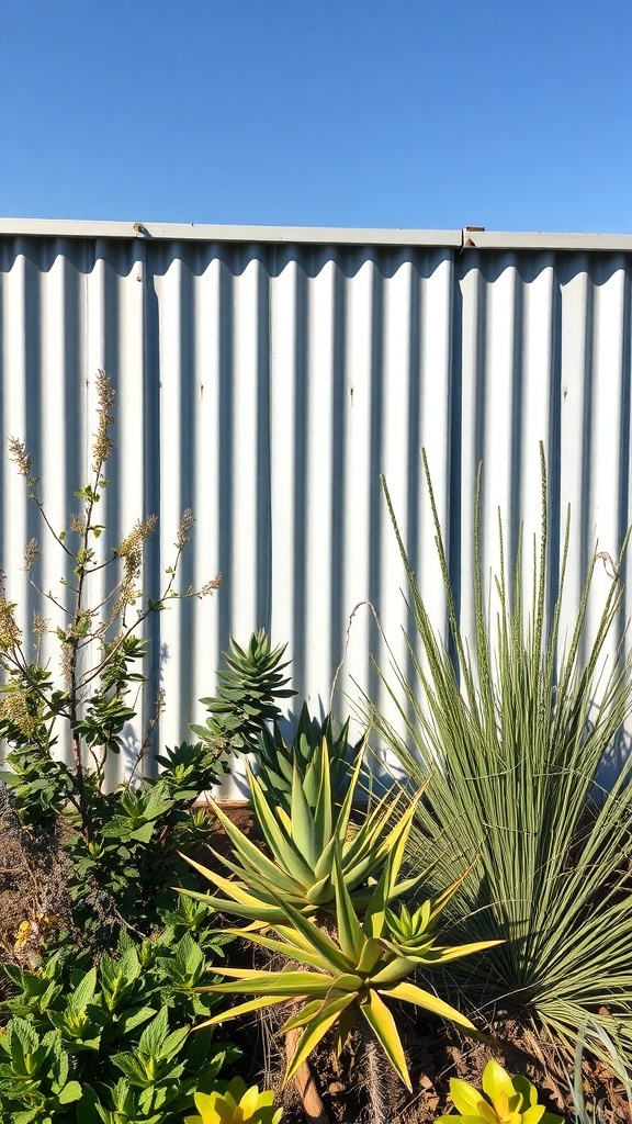 A corrugated metal fence with green plants in front under a clear blue sky.