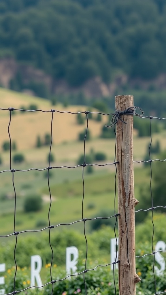 A close-up of a hog wire fence with a wooden post in a green landscape