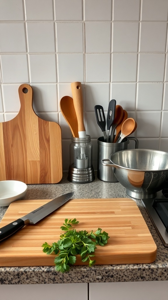 A kitchen countertop with wooden utensils, a knife, a cutting board, and fresh herbs.