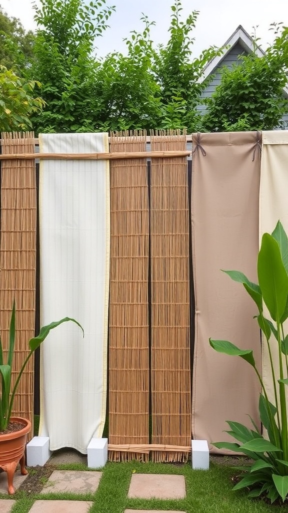 A DIY privacy fence made of bamboo and fabric panels with plants in the foreground.