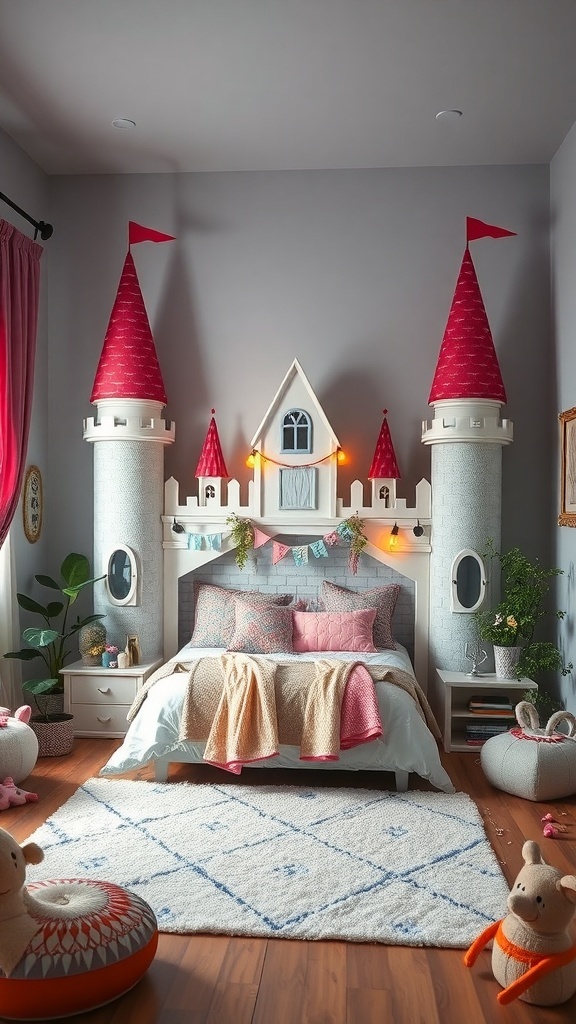A children's bedroom designed like a fairy tale castle with castle-shaped headboard, colorful bedding, and playful decor.