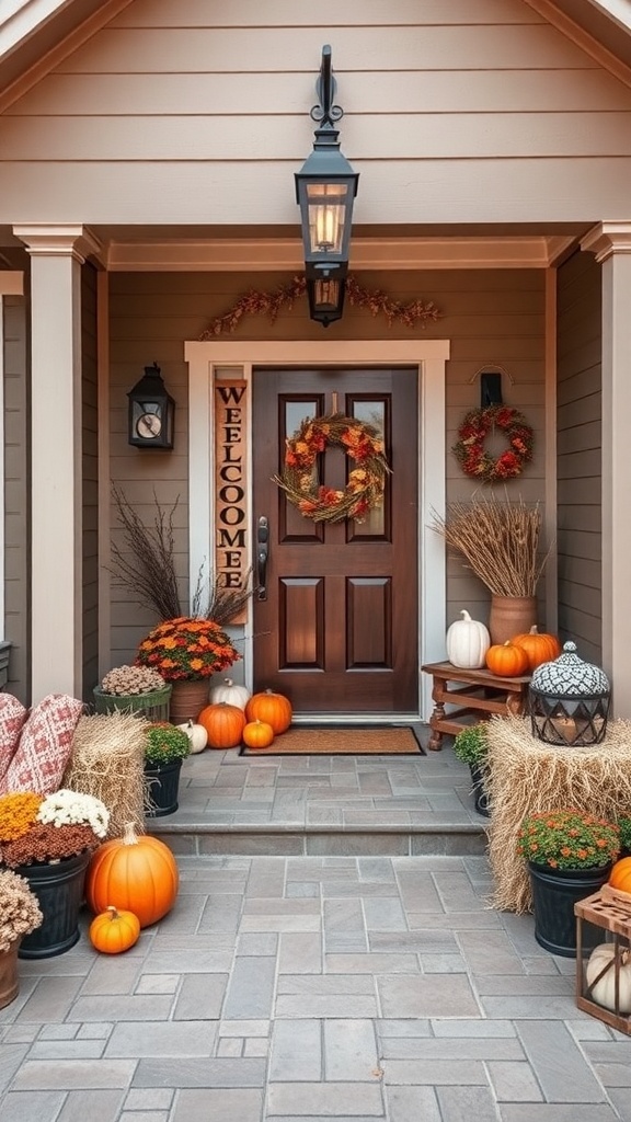 A cozy fall-inspired entryway with pumpkins, flowers, and a welcoming sign.