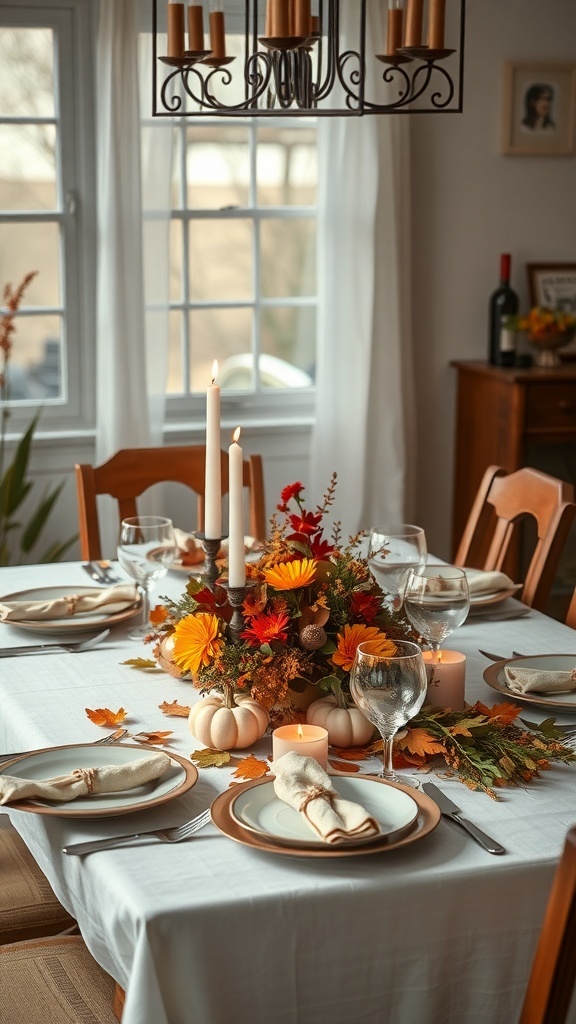 A beautifully set fall dining table with pumpkins, flowers, and candles.