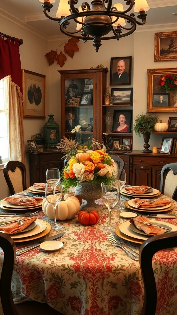 A beautifully set Thanksgiving table featuring a floral centerpiece, elegant tableware, and family photos in the background.