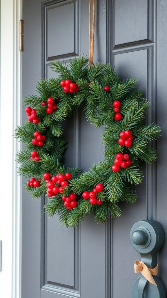 A green Christmas wreath with red berries hanging on a dark door.