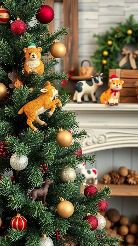 A Christmas tree decorated with farm animal figurines and colorful ornaments.