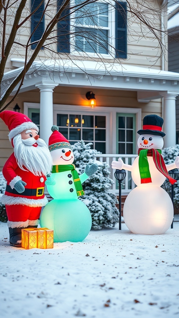 A festive scene with inflatable Santa and snowmen decorations in a snowy yard.