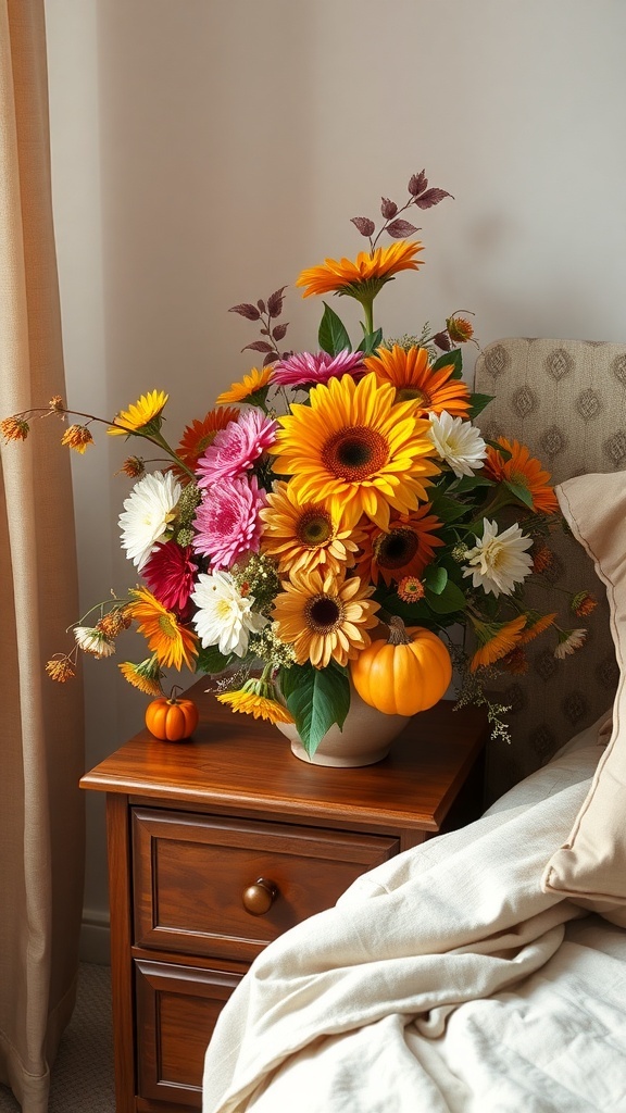 A colorful floral arrangement with sunflowers and small pumpkins on a bedside table.