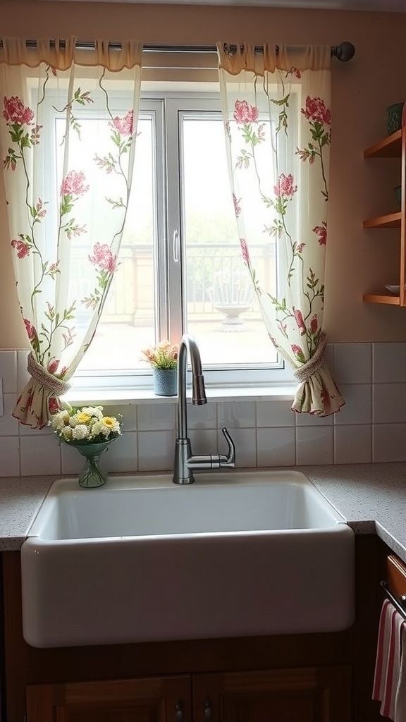 Floral kitchen curtains above a sink with a view.
