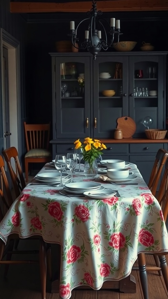 A cozy dark cottagecore kitchen with a floral tablecloth and mismatched dinnerware on the dining table.