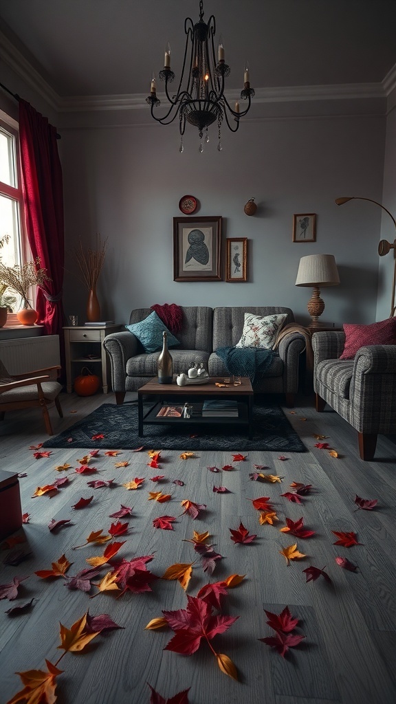 A cozy living room with scattered autumn leaves on the floor, decorated for Halloween.