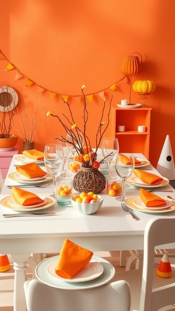A Halloween tablescape featuring candy corn accents and vibrant orange decor.