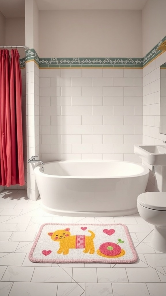 A playful bath mat featuring a cute cat and hearts in a bright bathroom setting.