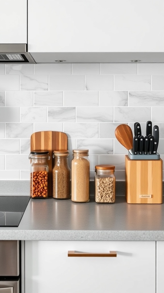 Stylish kitchen countertop with jars and utensils.