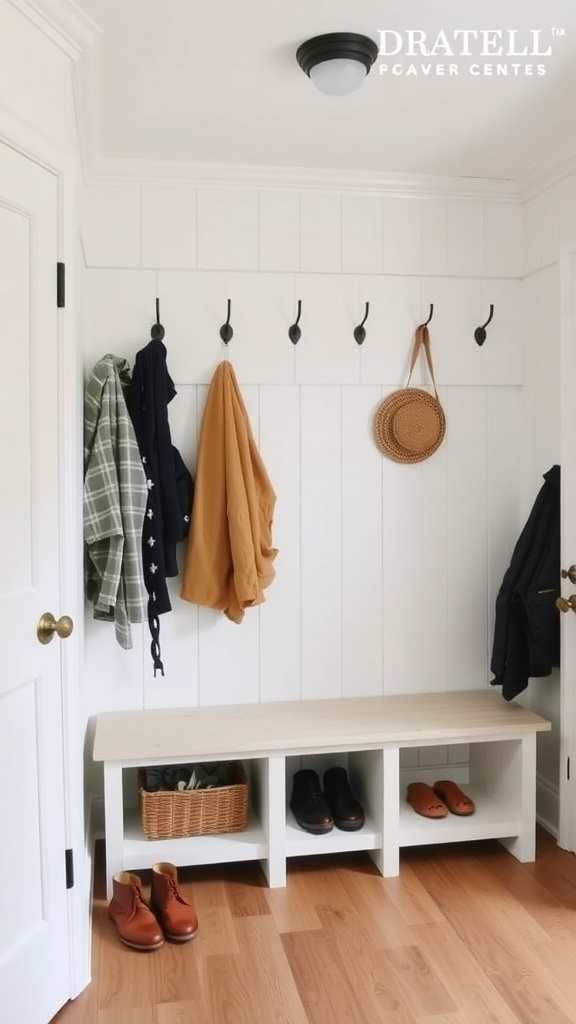 A functional mudroom with hooks for coats, a bench, and organized shoe storage.