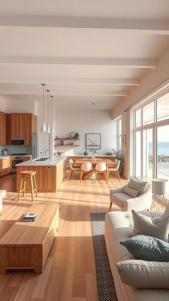 Cozy open-plan living space in a beach house with wooden accents and large windows.
