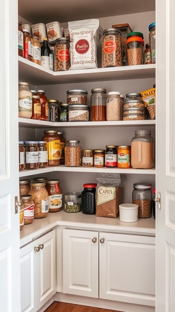 A neatly organized pantry with jars and containers filled with various food items.