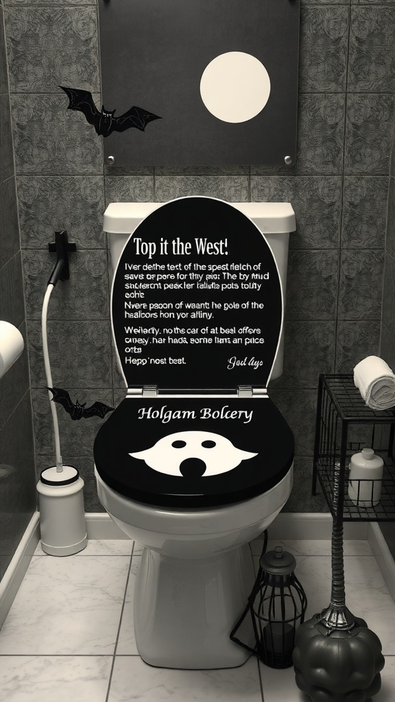 A black toilet cover with a ghost design and humorous text, set in a stylish bathroom with Halloween decorations.