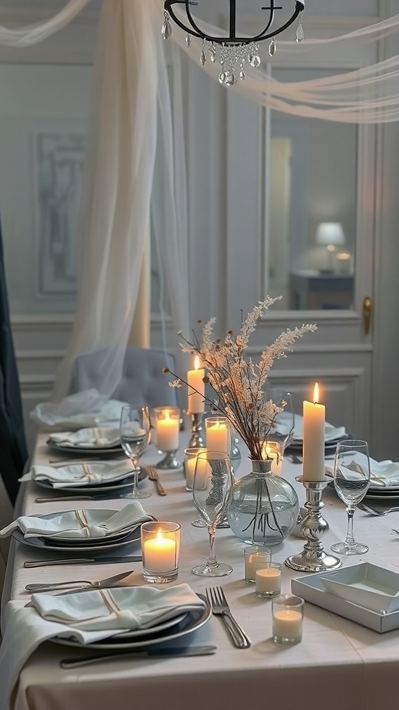 A Halloween tablescape featuring white linens, silver accents, and candles.