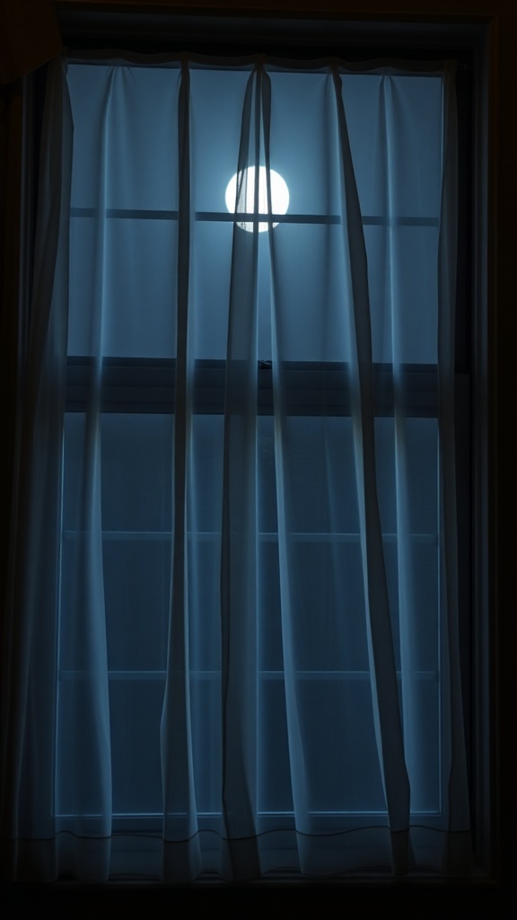A window with sheer white curtains, illuminated by moonlight.