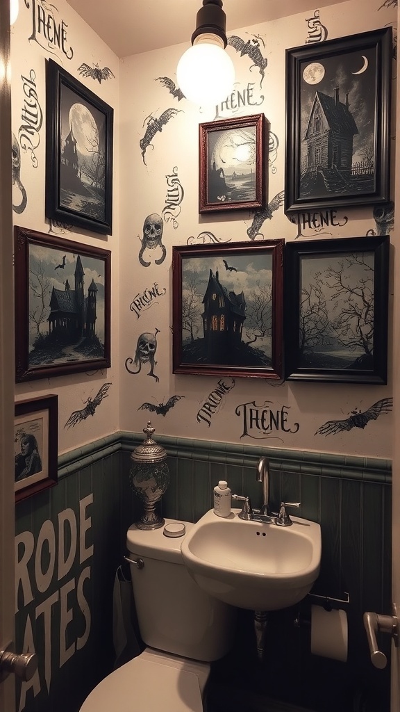 A small bathroom decorated with spooky wall art, featuring haunted houses and bats, with a vintage light fixture.