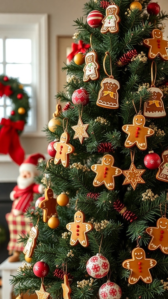 A Christmas tree decorated with gingerbread and cookie ornaments, showcasing a festive farmhouse style.