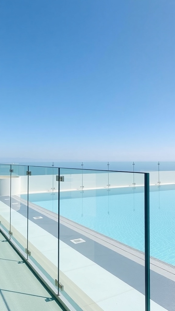 A modern glass pool fence surrounding a clear blue pool under a bright sky.