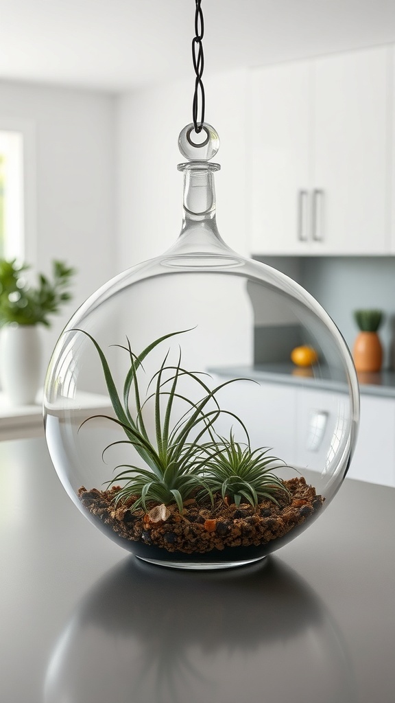 A glass terrarium with air plants hanging in a modern kitchen.