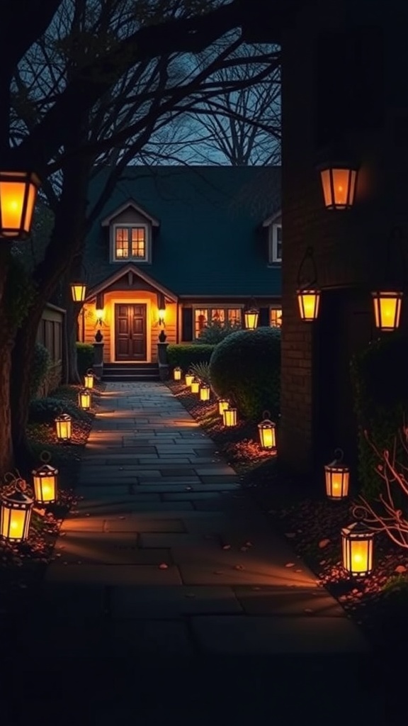 A pathway lined with glowing lanterns leading to a cozy home.