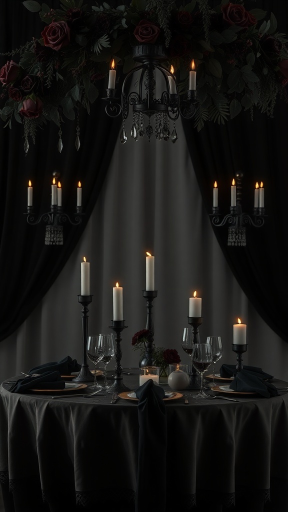 A gothic Halloween tablescape featuring dark florals, candles, and elegant decor.