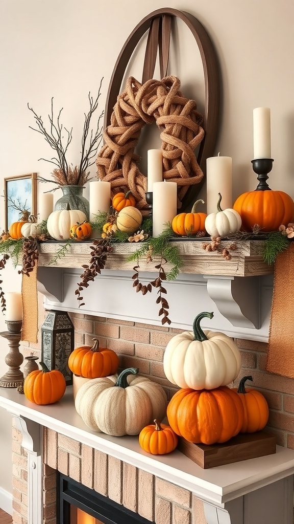 A beautifully decorated mantel featuring various gourds, pumpkins, candles, and greenery.