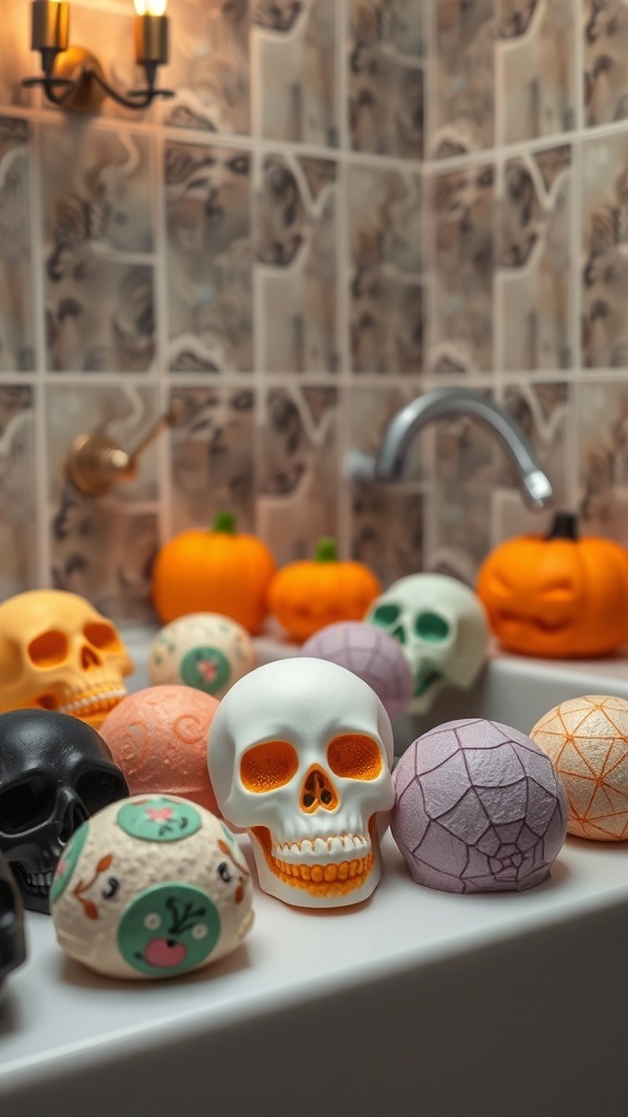 A collection of Halloween-themed bath bombs shaped like skulls and pumpkins in a bathtub