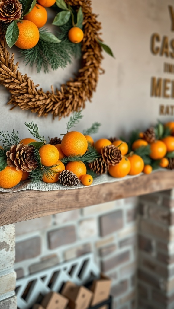 A festive garland featuring oranges, pinecones, and greenery, displayed on a wooden mantel.