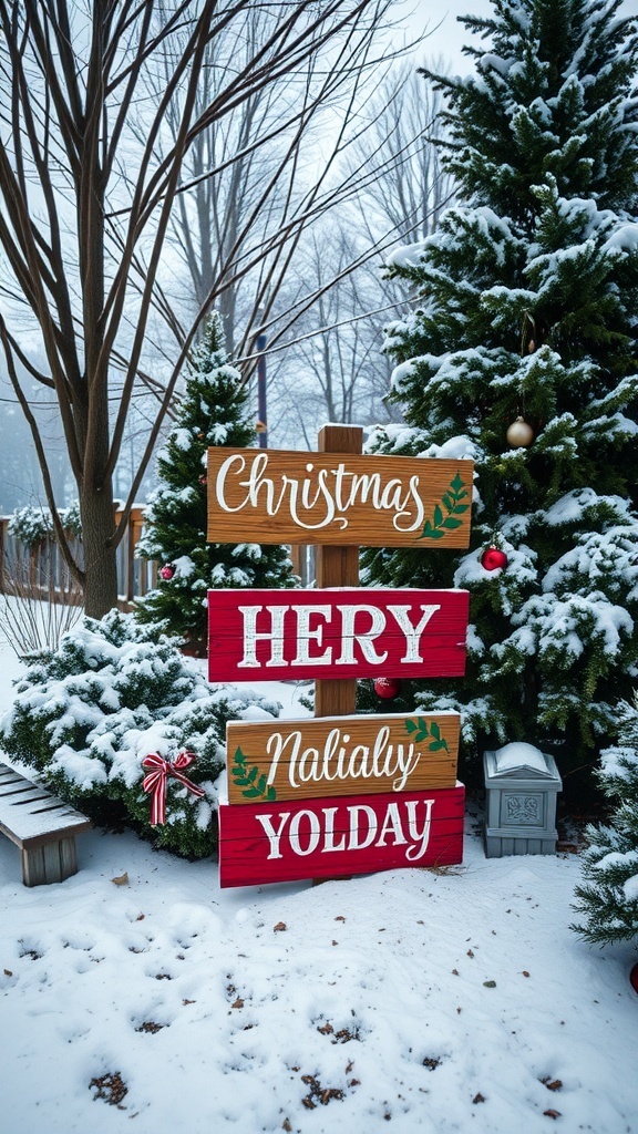 Wooden Christmas signs in a snowy outdoor setting with evergreen trees.
