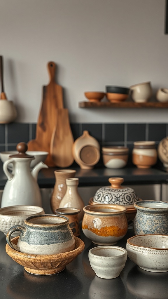 A collection of handmade pottery and ceramics in a dark cottagecore kitchen.