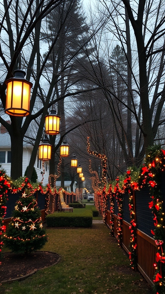 A beautifully decorated yard with hanging lanterns and garlands for Christmas.