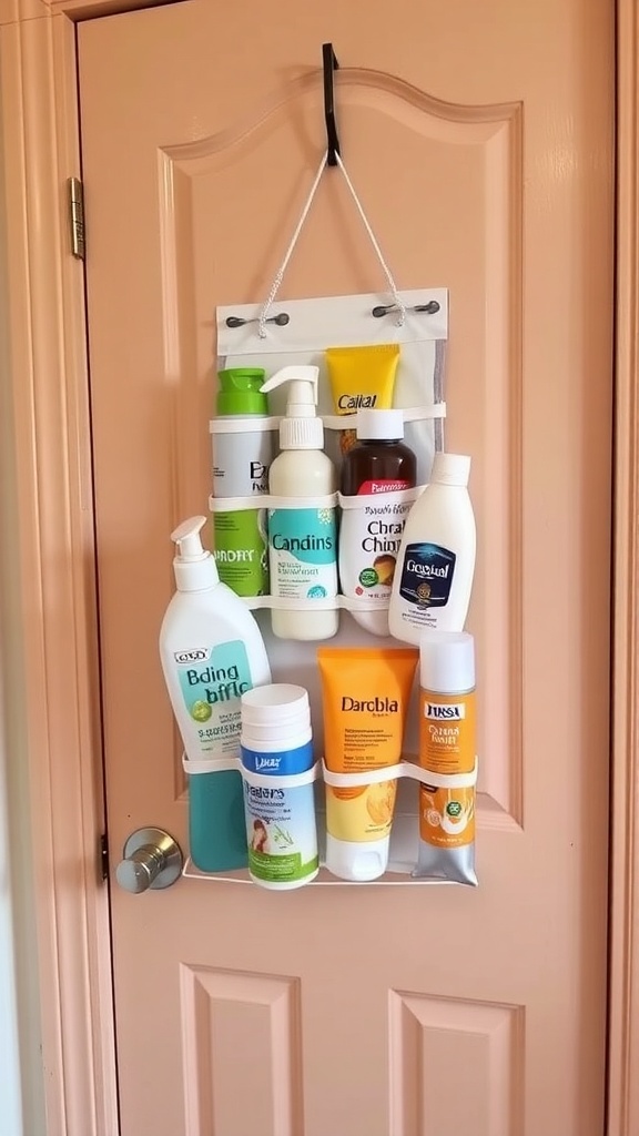 A hanging organizer filled with various bath products on a door.