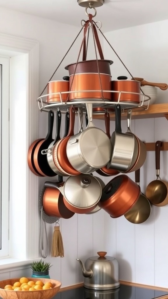 A stylish hanging pot rack displaying various cookware in a small kitchen.