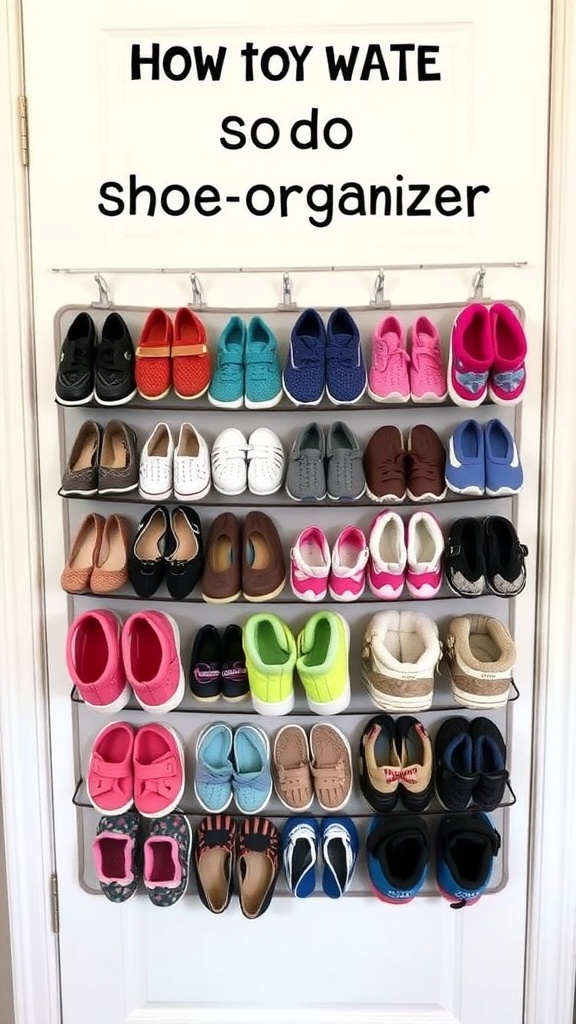 Hanging shoe organizer filled with various kids' shoes on a door.