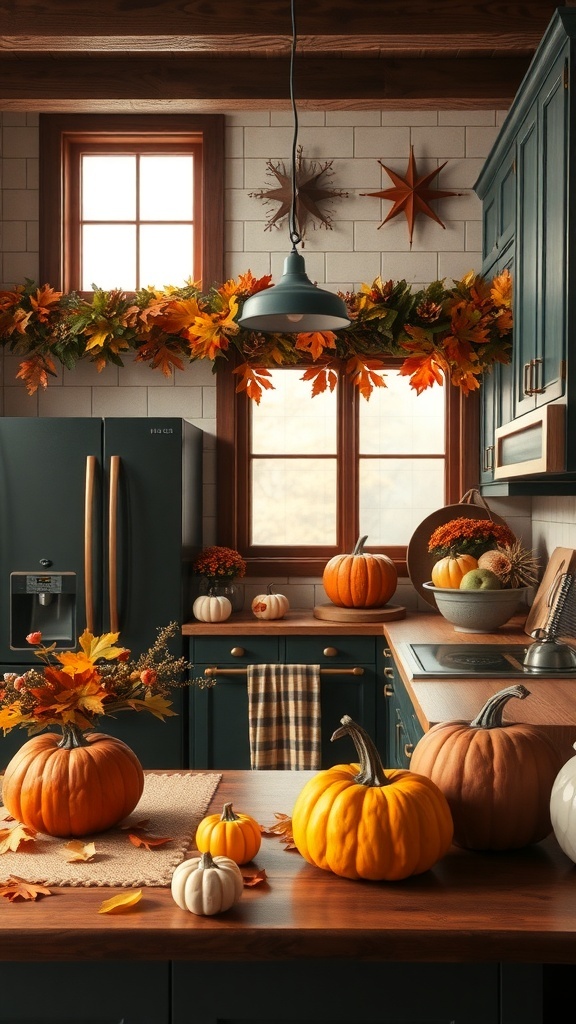 A cozy kitchen decorated for fall with pumpkins and autumn leaves.