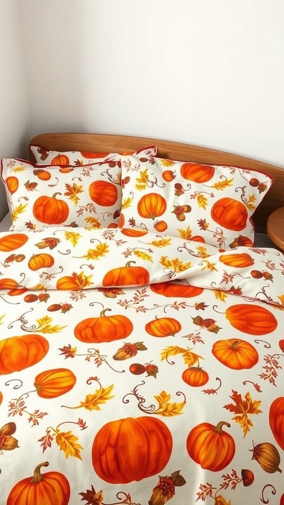 Bedding with a harvest theme featuring pumpkins and autumn leaves.