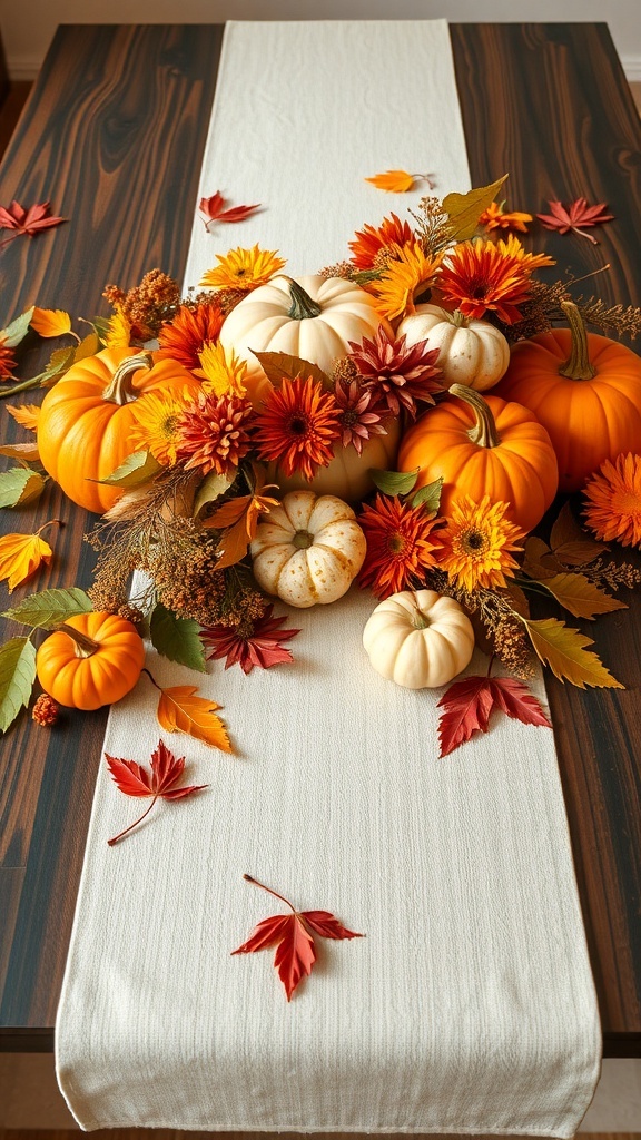 A harvest-themed table runner with pumpkins and autumn flowers on a wooden table.