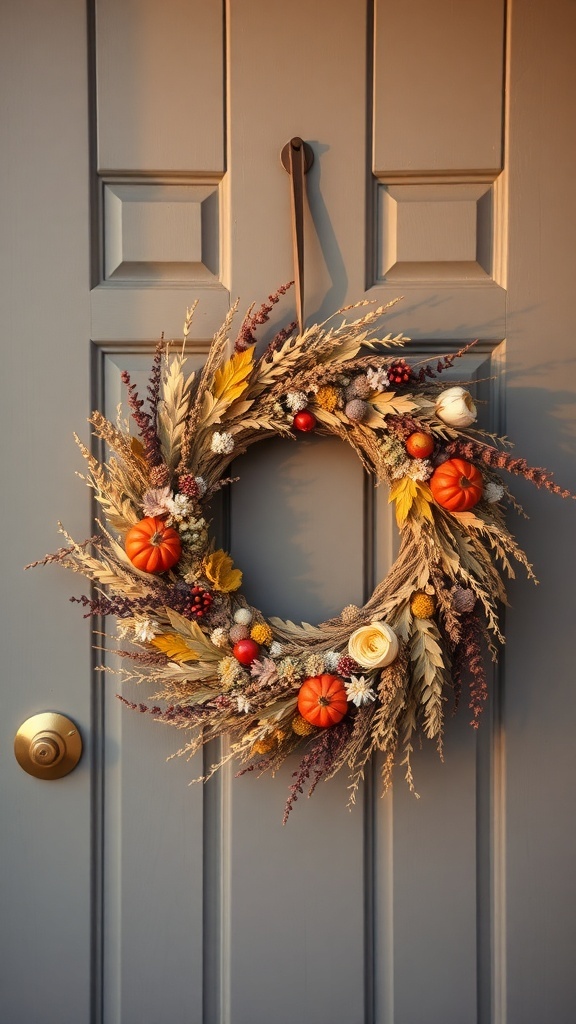 A beautiful harvest wreath adorned with pumpkins and dried flowers hanging on a door.