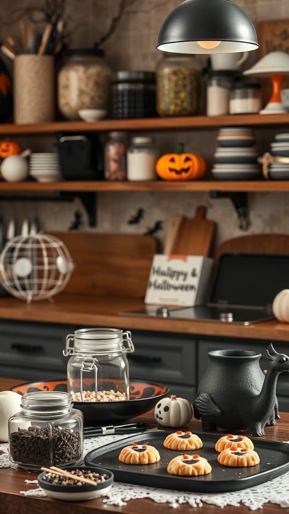 A Halloween-themed kitchen with spooky decorations and baked goods.
