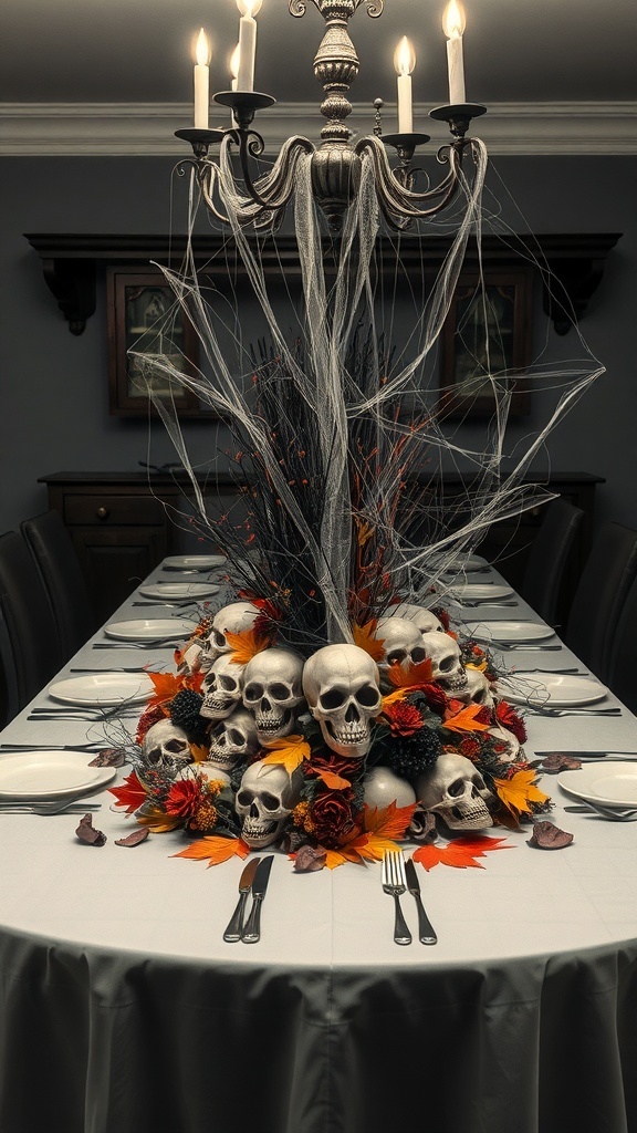 A Halloween-themed table centerpiece featuring skulls and autumn leaves.